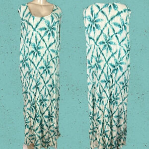 Denim 24/7 +3X Teal-Cream Floral Rayon Crinkle Scoop Neck Sleeveless Maxi Dress